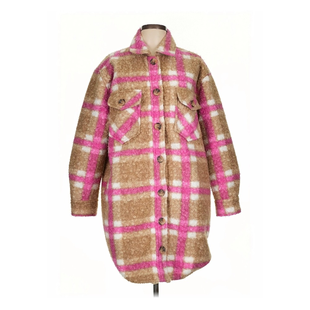 RD‎ Style Plaid Shacket Womens Large Pink Tan Excellent Boucle Longline Jacket
